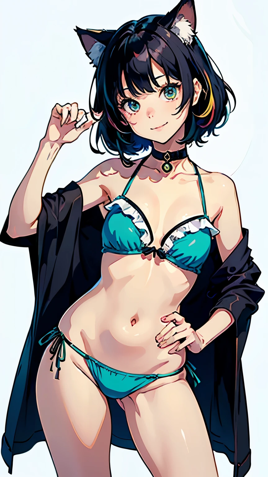 (highest quality, masterpiece, High resolution)、(Anime Art 4k)、Cinematic Light、Soft Light、(One girl、18 years old)、(whole body)、(Hands on hips)、Black Hair、(Swimwear)、(bikini)、(Colorful design)、loose t-shirt、Off the shoulder、Cute and sexy、Cat ear、Bobcut、semi-long、Hair Bun、hair ornaments、choker、Captivating smile、Small breasts、(Cat Pose、Beckoning)、(play)、Cat jarashi、((White Background))、((Blank background))、