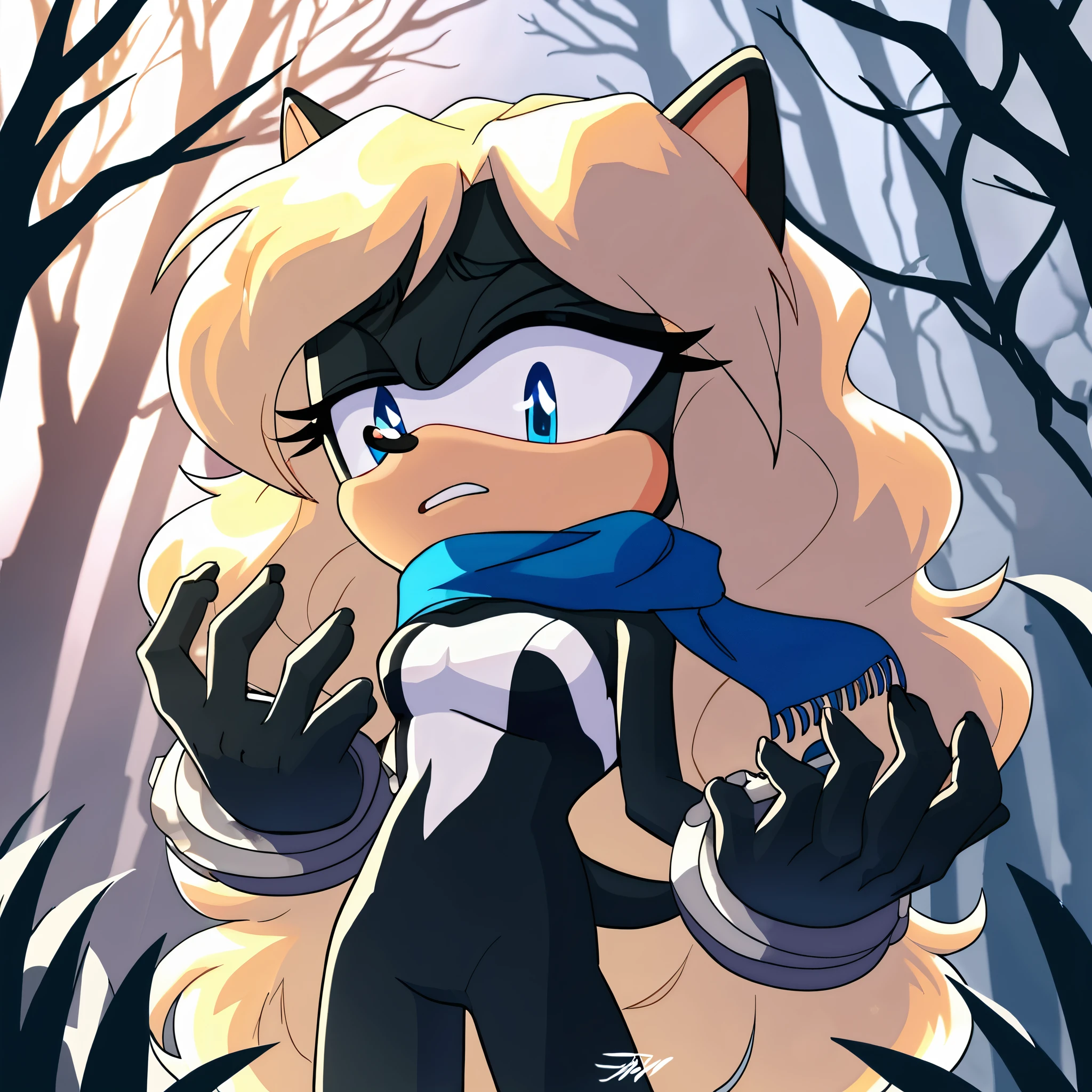 score_9, score_8_up, score_7_up, ((Masterpiece)), high quality, studio quality, 1girl, Female, mobian, ((hedgehog)), 1girl, solo, forest background, blonde fur, long hair, blue irises, hair bangs, beautiful young woman Venomized, long strabarry blonde hair, soft blue eyes with a hint of mystery, wearing Venom Symbiote Suit, fluffy white mane/scarf, fluffy white cuffs, normal amount of fingers, looking down at herself with a sad/scared expression, innocently scared look