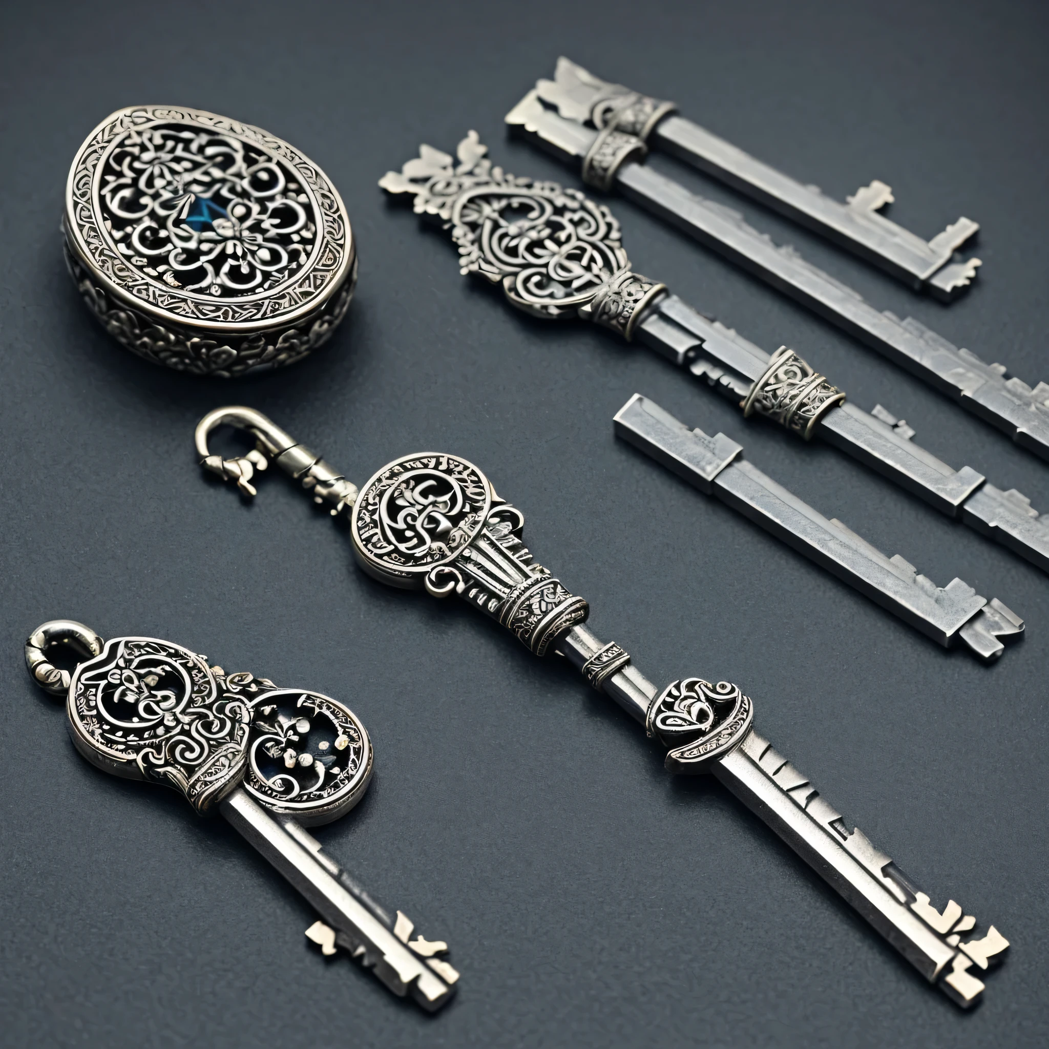 a legendary key in one and two parts, they are shiny silver-white, intricate sacred details, divine metal