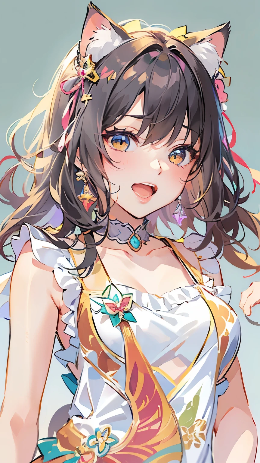 (highest quality, masterpiece, High resolution)、(Anime Art 4k)、Cinematic Light、Soft Light、(One girl、18 years old)、(whole body)、(Hands on hips)、Black Hair、(Swimwear)、(カラフルなSwimwear)、(Colorful design)、Cute and sexy、Cat ear、Bobcut、semi-long、Hair Bun、hair ornaments、choker、Captivating smile、Small breasts、(Cat Pose、Beckoning)、(play)、Cat jarashi、((White Background))、((Blank background))、