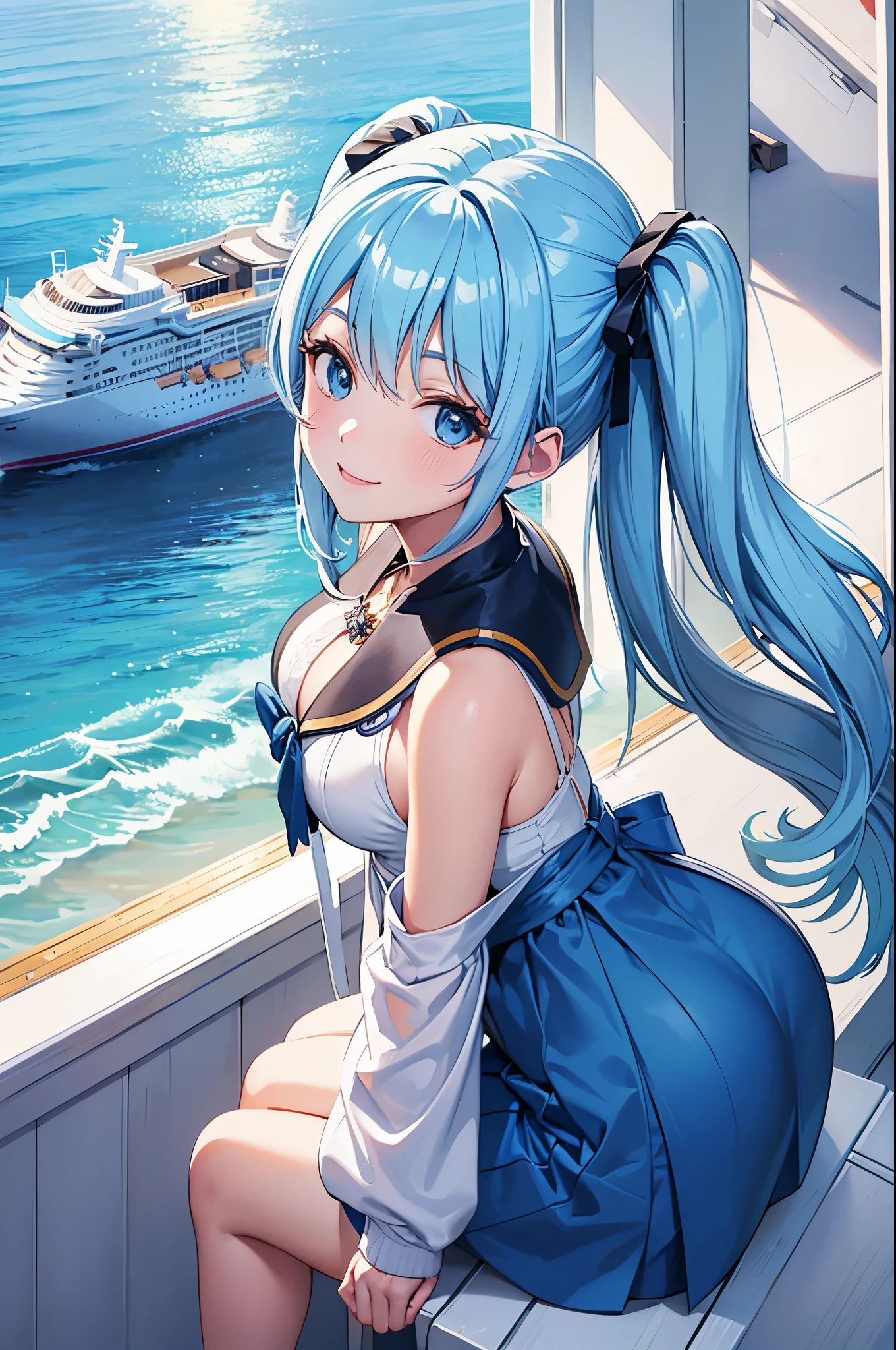 A port where large luxury cruise ships are docked Beautiful girl looking up at the cruise ship Light blue long hair A beautiful girl with twin tails Bright smile