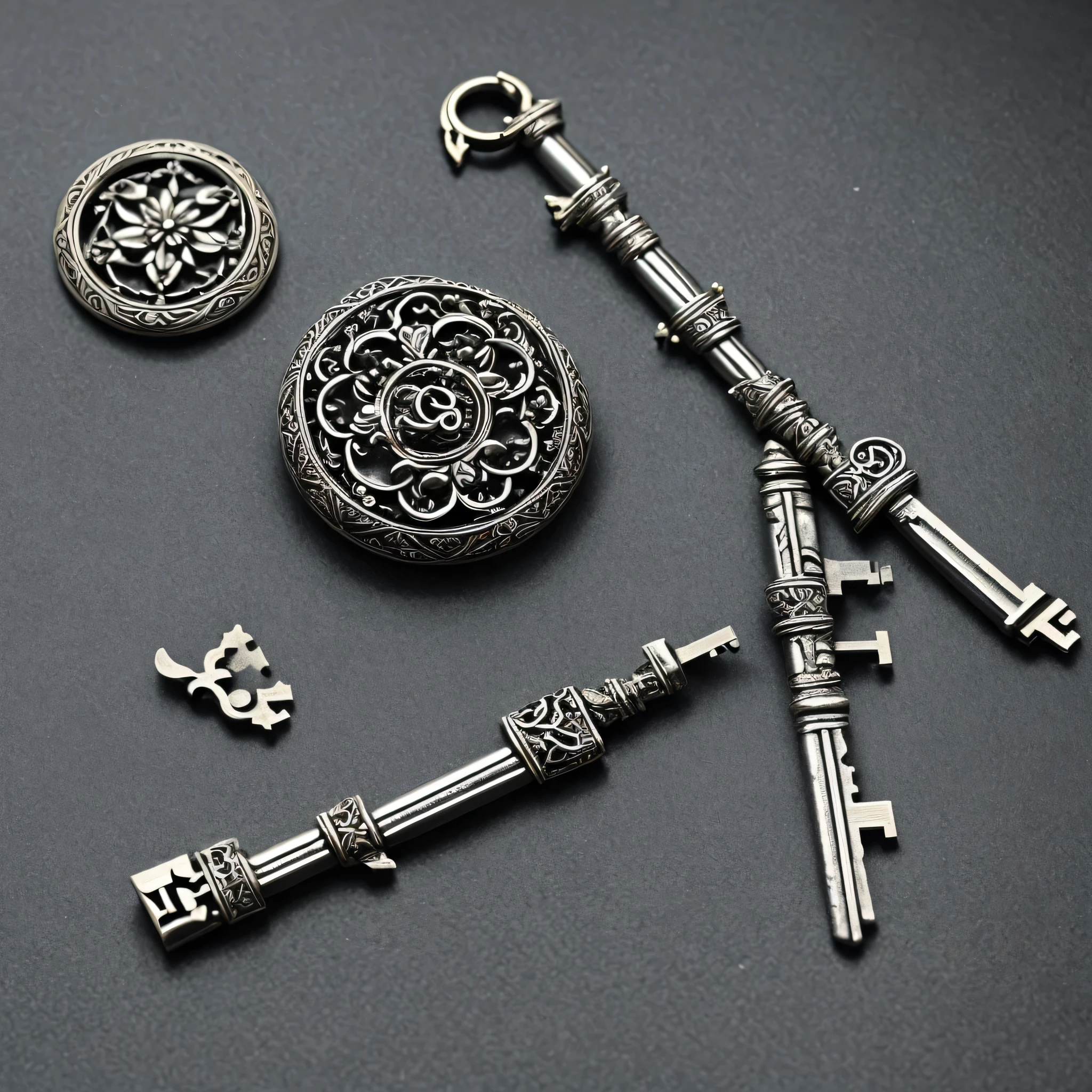 a legendary key in one and two parts, they are shiny silver-white, intricate sacred details, divine metal