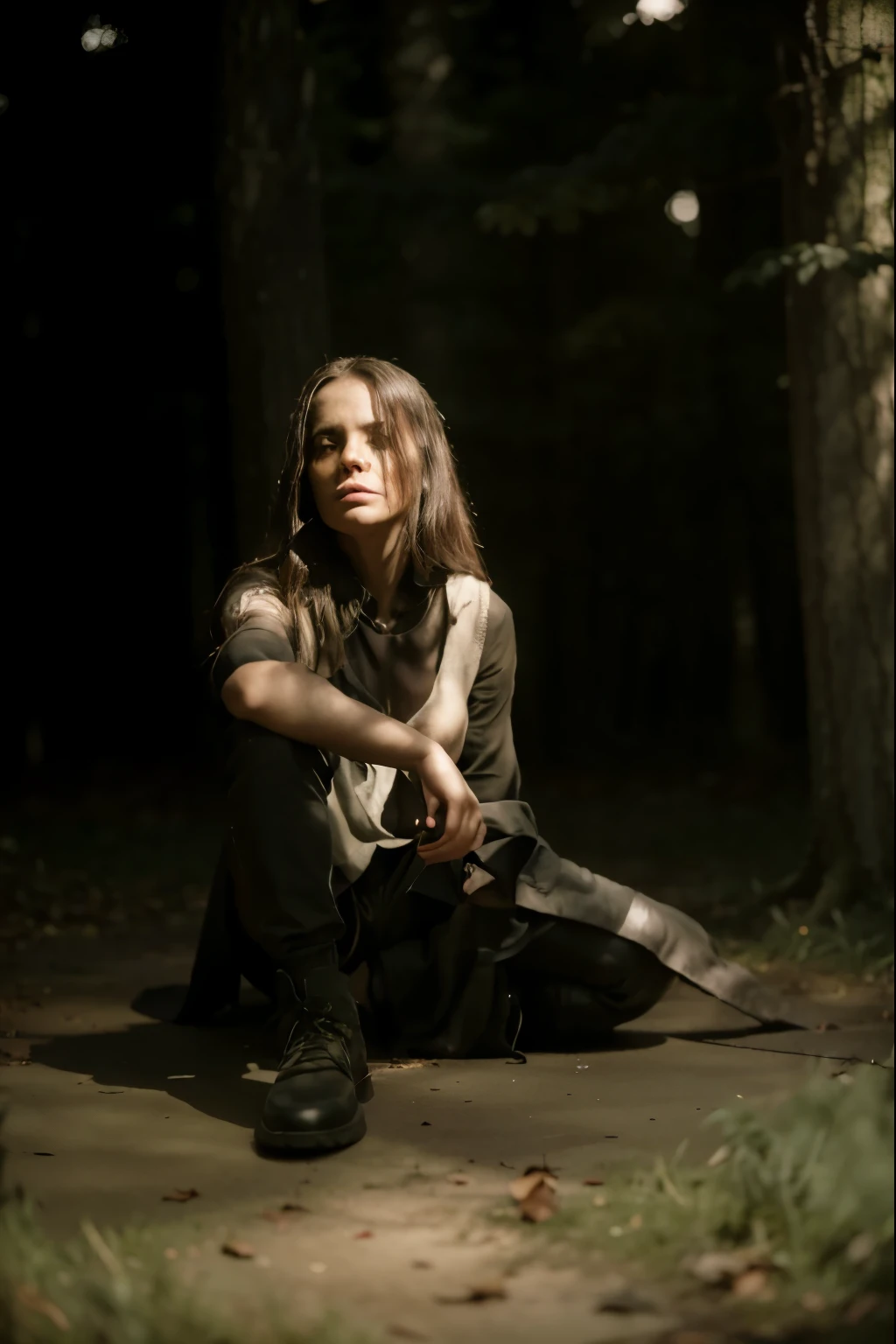 (Best quality, 8k, 32k, Masterpiece, UHD:1.2) "Transform the image into a chilling forest reminiscent of the eerie atmosphere found in the comic series 'Something is Killing the Children.' Populate the scene with ominous trees whose branches twist like gnarled claws, casting long shadows that obscure the path ahead. Introduce unsettling details like glowing eyes peering from the darkness and sinister silhouettes lurking among the trees, hinting at the presence of lurking monsters. Use a desaturated color palette to evoke a sense of dread and isolation, with occasional pops of eerie light illuminating the scene. Convey the feeling of impending danger and uncertainty that permeates the haunted woods, leaving viewers on edge and wary of what lies ahead."
