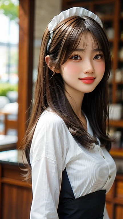 Best image quality, Focus, Soft light, Black hair, (Japanese)), (((Front, 15years old))), (Depth of field), Ultra high resolution, (Real: 1.4), RAW photo, ((maid costume)), smiling face