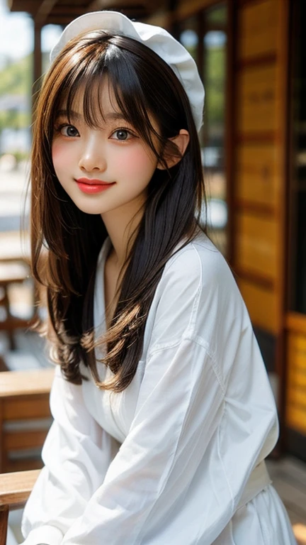 Best image quality, Focus, Soft light, Black hair, (Japanese)), (((Front, ))), (Depth of field), Ultra high resolution, (Real: 1.4), RAW photo, ((maid costume)), smiling face