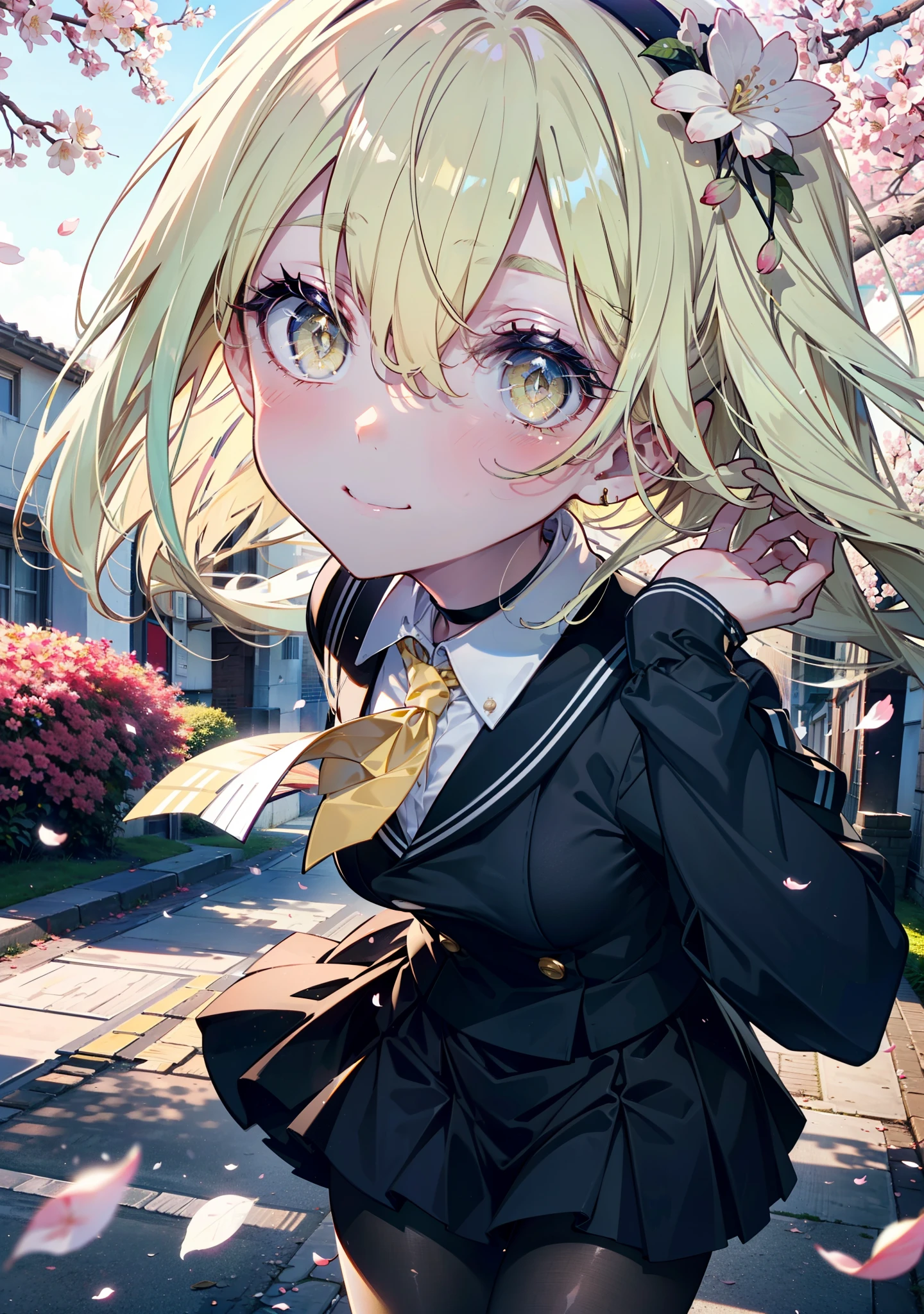 アイスWallenstein, Wallenstein, Blonde, Hair between the eyes, hair band, Long Hair, (Yellow Eyes:1.5),happy smile, smile, Close your mouth,smile,blush,Black Sailor Suit,Black pleated skirt,Black Pantyhose,Brown Loafers,morning,morning陽,The sun is rising,Cherry blossoms are blooming,Cherry blossoms are scattered,Cherry blossom tree-lined path,break looking at viewer, break outdoors,School School building, break (masterpiece:1.2), highest quality, High resolution, unity 8k wallpaper, (shape:0.8), (Beautiful and beautiful eyes:1.6), Highly detailed face, Perfect lighting, Highly detailed CG, (Perfect hands, Perfect Anatomy),