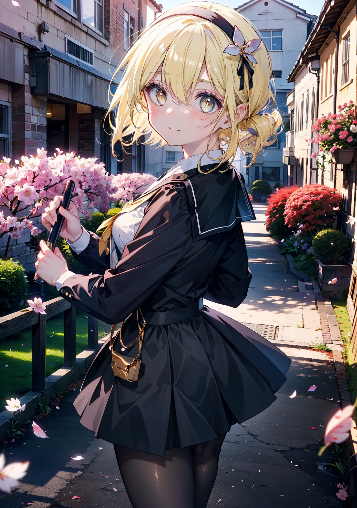 アイスWallenstein, Wallenstein, Blonde, Hair between the eyes, hair band, Long Hair, (Yellow Eyes:1.5),happy smile, smile, Close your mouth,smile,blush,Black Sailor Suit,Black pleated skirt,Black Pantyhose,Brown Loafers,morning,morning陽,The sun is rising,Cherry blossoms are blooming,Cherry blossoms are scattered,Cherry blossom tree-lined path,break looking at viewer, break outdoors,School School building, break (masterpiece:1.2), highest quality, High resolution, unity 8k wallpaper, (shape:0.8), (Beautiful and beautiful eyes:1.6), Highly detailed face, Perfect lighting, Highly detailed CG, (Perfect hands, Perfect Anatomy),