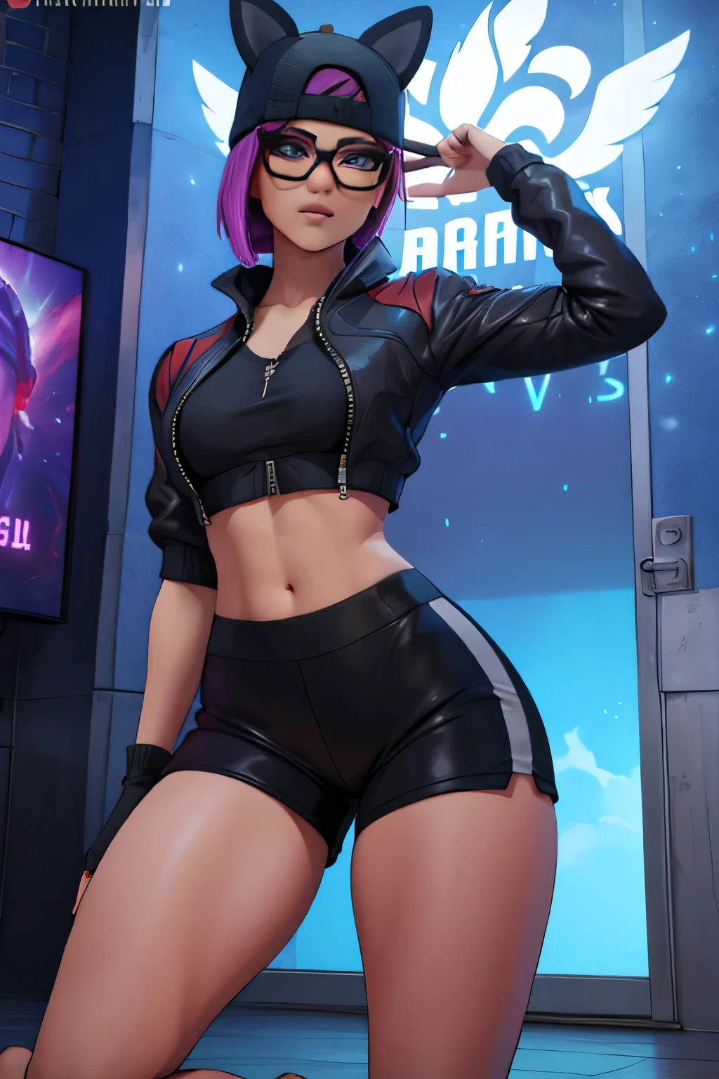 lince, gafas, gorra , chamarra blanco , Azul y Gris shorts con leggins, guantes sin dedos, sentada, Noche, Extremadamente detallado, rostro detallado ,hermoso rostro, ojos finos, mirando al espectador, pose femenino.