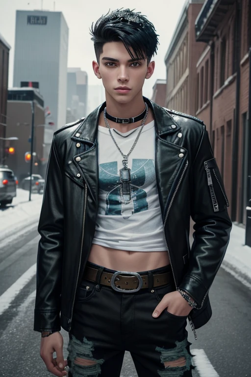 Cody Cummings 20-year-old boy with open black jacket, blue t-shirt with snow print, short black hair, punk style, yellow locks, black jeans, green eyes, black leather belt, silver buckle, slim muscular build, cross medallion, silver bracelet, looking straight at the viewer