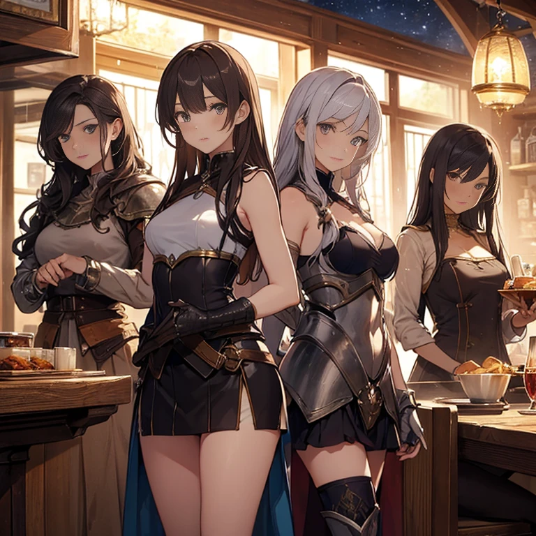 A group of  female medieval fantasy adventurers, (in tavern), various hair styles, harem, night, details face, short skirt, seducing, sleeveless, armor