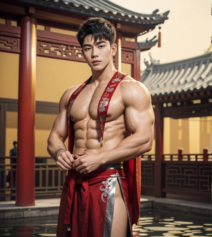 2 Handsome chinese guy kissing, 25 years old,hug, cuddle, touching lips, skin ship, romantic, Asian, chinese hansome actor, kpop idol, handsome male model,manly, master work, best picture quality, higher quality, high detail, super high resolution, 8k resolution, perfect eyes, perfect skin, manly jawline, manly chin, perfect hands, big muscles, bare chest, tattoos chest, tattoo hands, tattoo arms, glowing eyes, short hair, hair details, detailed background , open Hanfu transparent tulle jacket, ((red and golden clothes with silver decoration)), super sexy loincloth, naked, long big erection dick, detailed perfect dick shape, Chinese garden background, Chinese kung fu, dragon-themed costumes, monk robes, spinning floating particles, chinese temple in background, looking at viewer