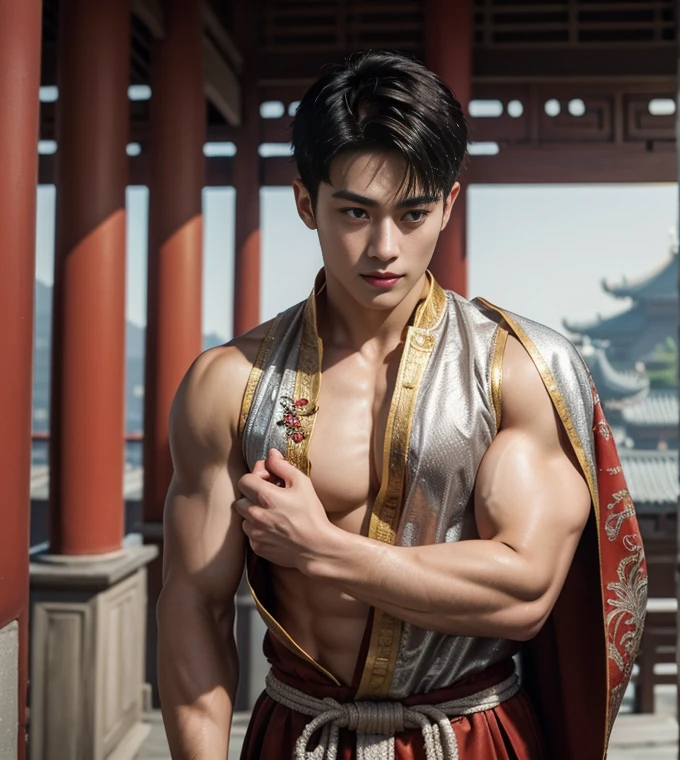 Sexy, handsome and strong male half-naked warrior, topless, lure,Nice face, Delicious Company, Charming figure, Wearing a sexy open kimono with armor. the artwork is created in a medium reminiscent of japanese ink painting....., Features bold brushstrokes and a Japanese color palette. The artist's masterful technique reveals the intensity and power and presence of the image,with the highest quality, Perfectly capture every detail with ultra-high resolution. Textures and intricate patterns on armor and kimonos are rendered with extreme precision. Lighting is carefully designed,Enhance the drama, Features deep shadows and subtle highlights. General, Artwork exudes elegance and power, Combining Japanese traditional aesthetics with modernity, Combine details, Create captivating and immersive experiences for your audience.