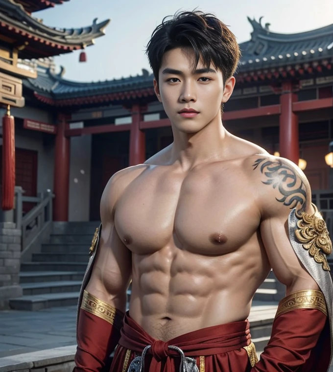 2 Handsome chinese guy kissing, 25 years old,hug, cuddle, touching lips, skin ship, romantic, Asian, chinese hansome actor, kpop idol, handsome male model,manly, master work, best picture quality, higher quality, high detail, super high resolution, 8k resolution, perfect eyes, perfect skin, manly jawline, manly chin, perfect hands, big muscles, bare chest, tattoos chest, tattoo hands, tattoo arms, glowing eyes, short hair, hair details, detailed background , open Hanfu transparent tulle jacket, ((red and golden clothes with silver decoration)), super sexy loincloth, naked, long big erection dick, detailed perfect dick shape, Chinese garden background, Chinese kung fu, dragon-themed costumes, monk robes, spinning floating particles, chinese temple in background, looking at viewer