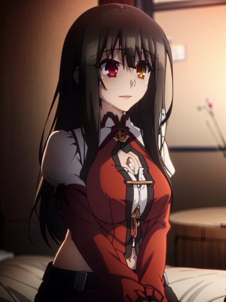 kurumi tokisaki, black hair, red eyes, long hair,  twintails, yellow eyes, hairband, heterochromia, dress unbuttoned, red dress unbuttoned, bare shoulders, collarbone, choker, bowtie, red bowtie, detached sleeves, corset unbuttoned, frills, cleavage unbuttoned,sitting,legs open, looking at viewer, cowboy shot, dutch angle,showing naked breasts, medium large breasts, showing naked breasts ,naked breasts nipples,semi naked,loli(cowboy photo: 1.5)