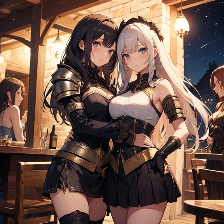 A group of female medieval fantasy adventurers, (in tavern), various hair styles, harem, night, details face, short skirt, seducing, sleeveless, armor