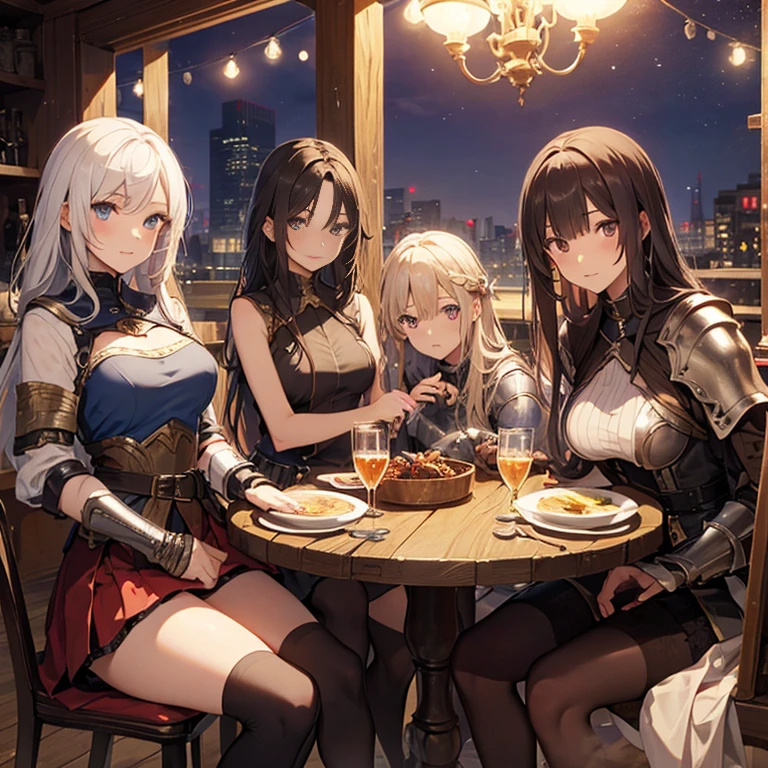 A group of female medieval fantasy adventurers, (in tavern), various hair styles, harem, night, details face, short skirt, seducing, sleeveless, armor