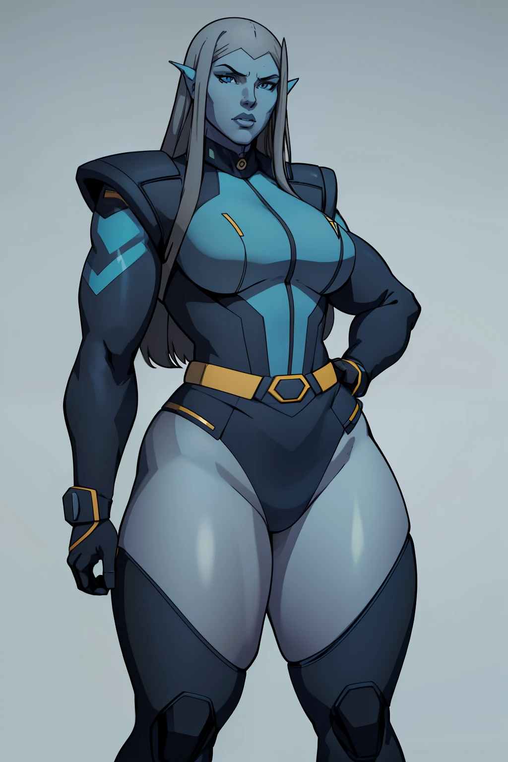 (masterpiece), (best quality), blue skin, female, long hair, (thick thighs), ((wide waist)), (sci-fi alien character design), uniform, jacket, straps, (color block), ((grey background)), contoured