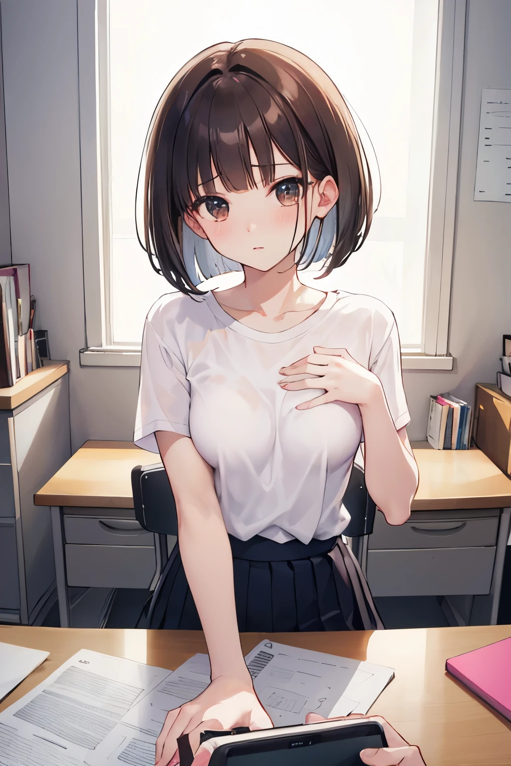 frame in, from right in front of face and body, view straight on, upper body, High quality, very high res, High quality, cute girl, brown hair, forehead, blunt bangs, bob cut, blush, Brushed up bangs, (white wearing a plain t-shirt), small breasts, upright, pleated skirt, work desk, sitting in a work chair, (pov hands:1.4), (guided breast grab), (guiding hand), at office