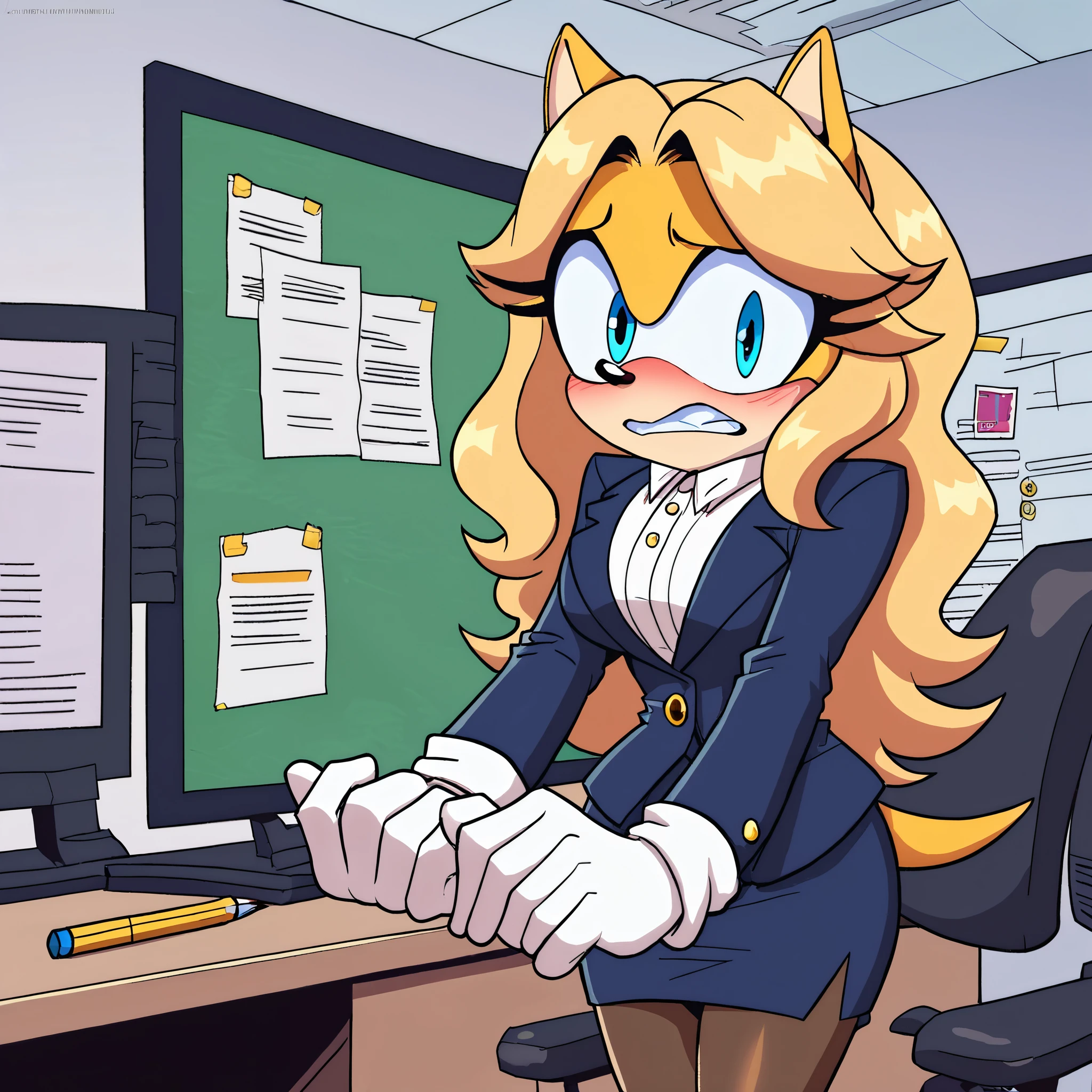 score_9, score_8_up, score_7_up, ((Masterpiece)), high quality, studio quality, 1girl, Female, mobian, hedgehog, 1girl, solo, looking at viewer, embarrassed expression, dark blue business dress suit, dark blue pencil skirt, office background, blonde fur, long hair, blue irises, pantyhose, hair bangs, looking down at herself nervously/scared
