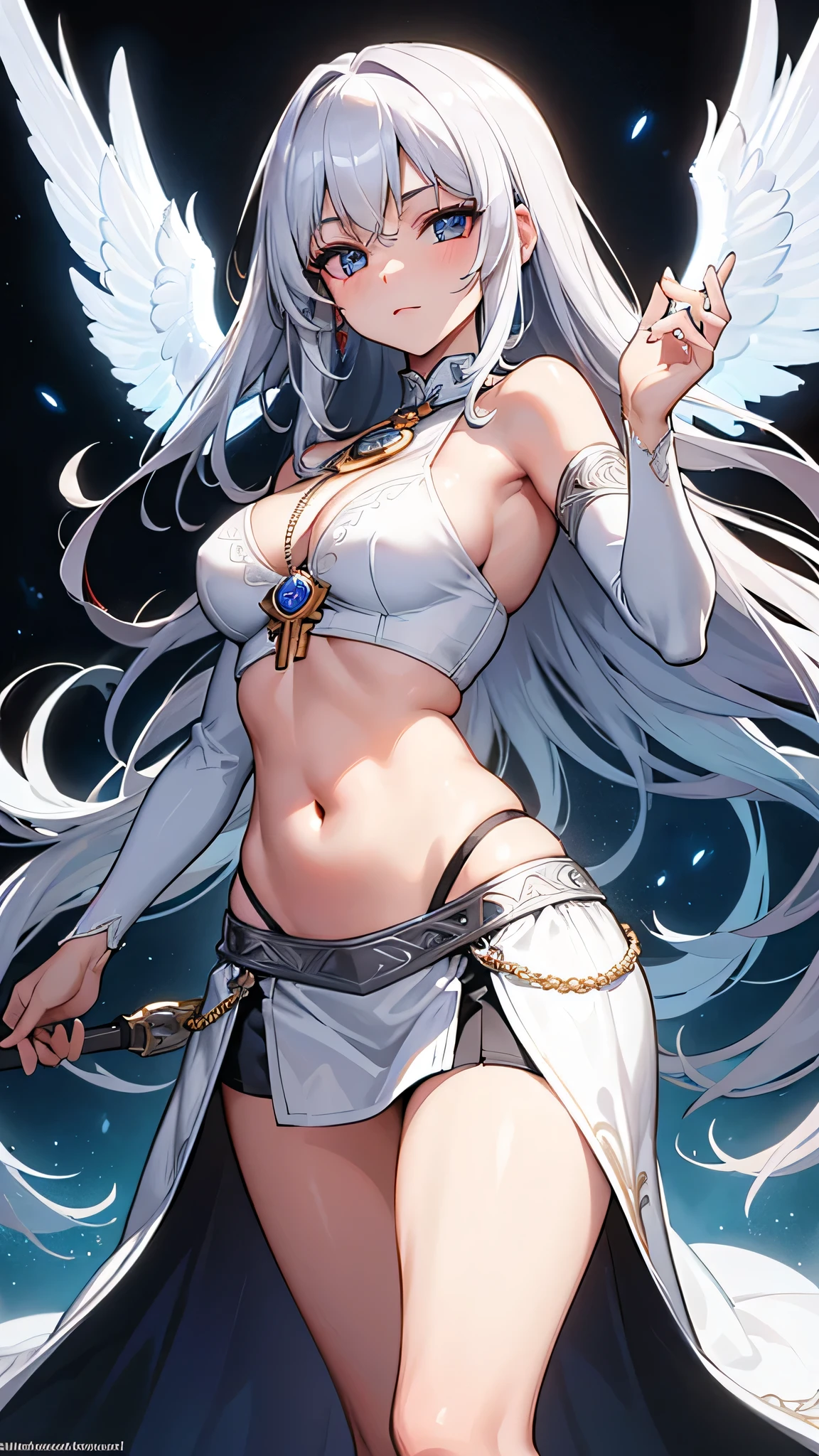 a legendary key in one and two parts, they are shiny silver-white, intricate sacred details, divine , short cowboy fireskirt, reveal body