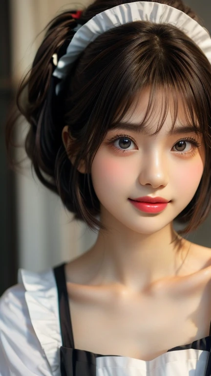 Best image quality, Focus, Soft light, Black hair, (Japanese)), (((Front, 15years old))), (Depth of field), Ultra high resolution, (Real: 1.4), RAW photo, ((maid costume)), smiling face