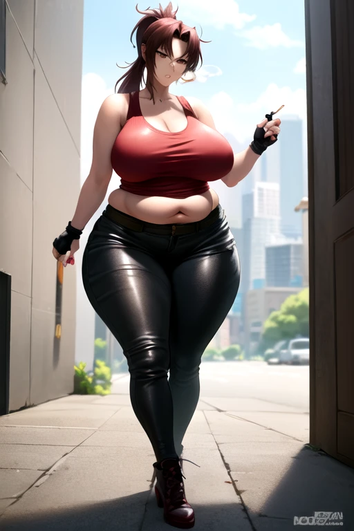 (masterpiece, best quality, absurdres, beautiful, anime aesthetic, cell shading), solo, 1girl, revy, 42-year-old, mature woman, milf, (Chubby figure:1.5), expressionless, looking at viewer, walking, ponytail, (Wearing: red tank top, fingerless gloves, black leather pants) cigarette, smoking, city street \(place\)
