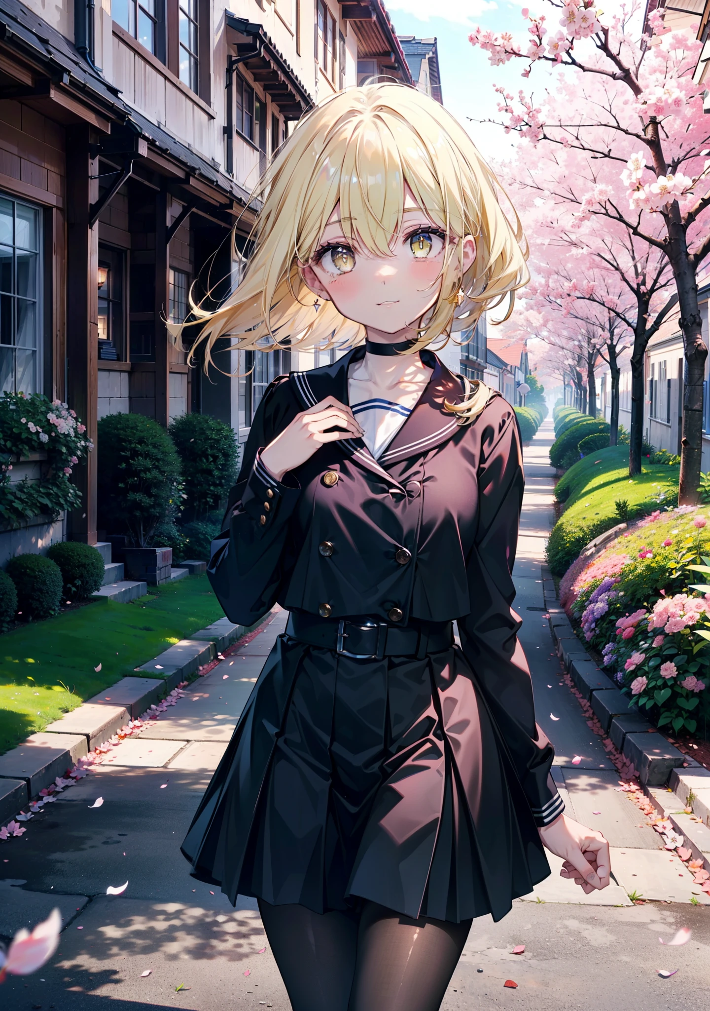 アイスWallenstein, Wallenstein, Blonde, Hair between the eyes, hair band, Long Hair, (Yellow Eyes:1.5),happy smile, smile, Close your mouth,smile,blush,Black Sailor Suit,Black pleated skirt,Black Pantyhose,Brown Loafers,morning,morning陽,The sun is rising,Cherry blossoms are blooming,Cherry blossoms are scattered,Cherry blossom tree-lined path,break looking at viewer, break outdoors,School School building, break (masterpiece:1.2), highest quality, High resolution, unity 8k wallpaper, (shape:0.8), (Beautiful and beautiful eyes:1.6), Highly detailed face, Perfect lighting, Highly detailed CG, (Perfect hands, Perfect Anatomy),