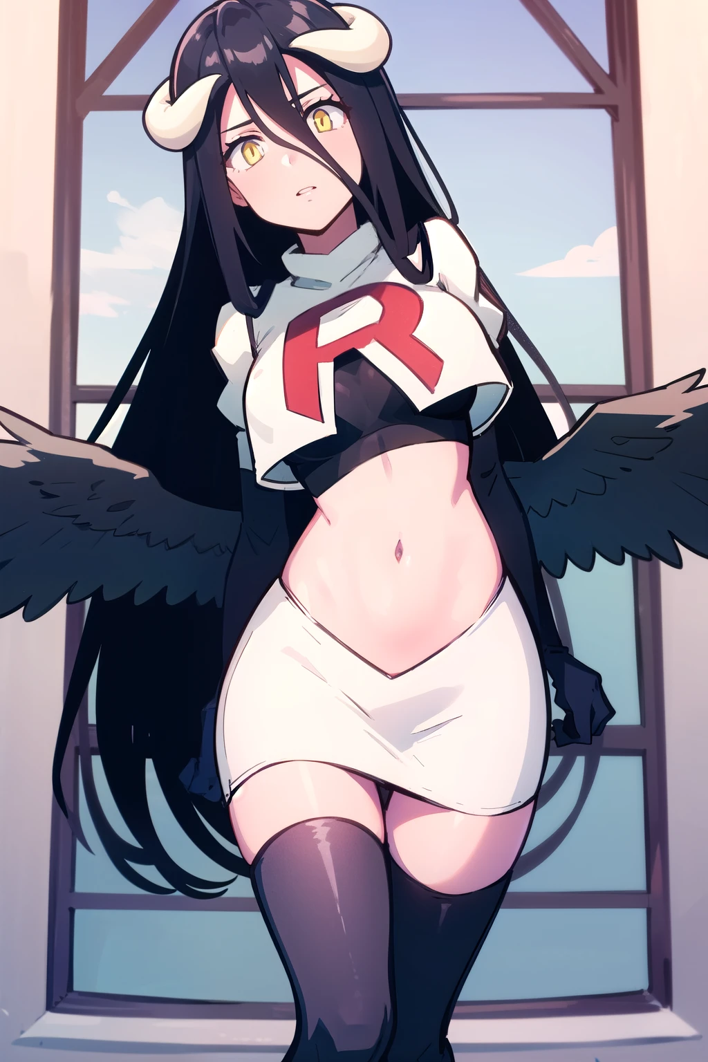 albedow, albedowings, medium breasts, long black hair, ahoge, yellow eyes, looking at viewer, parted lips, cowbot shot, team rocket,team rocket uniform,white skirt,red letter R,crop top,black thigh-highs