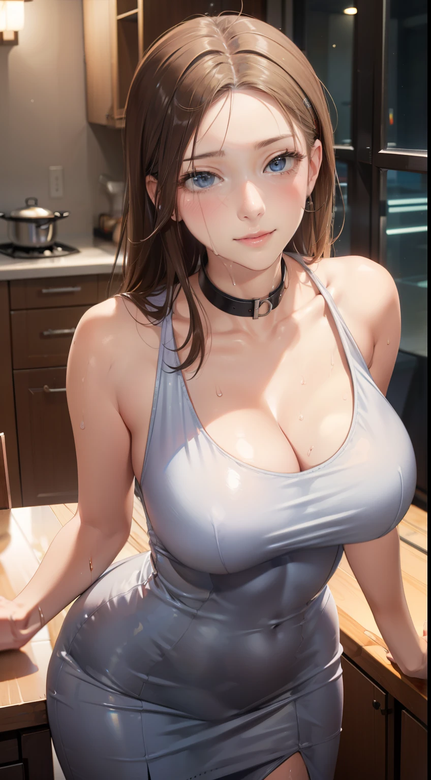 (be familiar with, masterpiece, highest quality, Complex),
cowboy shot, Kyoka Tachibana,
big breasts,
1 girl, alone, backyard、
cute eyes, beautiful face, perfect round butt,
fit and body, female pervert,
alone, pale skin,
blue eyes, ((beautiful mature woman)),
(薄い色のWhite Grey tight dress:1.2),
A Whitegrey dress covered in sweat、
enchanting smile, Big cleavage、Wide open collar、
Full body diagram、accessorieodel standing)、Stylish、REAL、Beautiful woman seduces me at the kitchen table、Cold eyes and a melting face