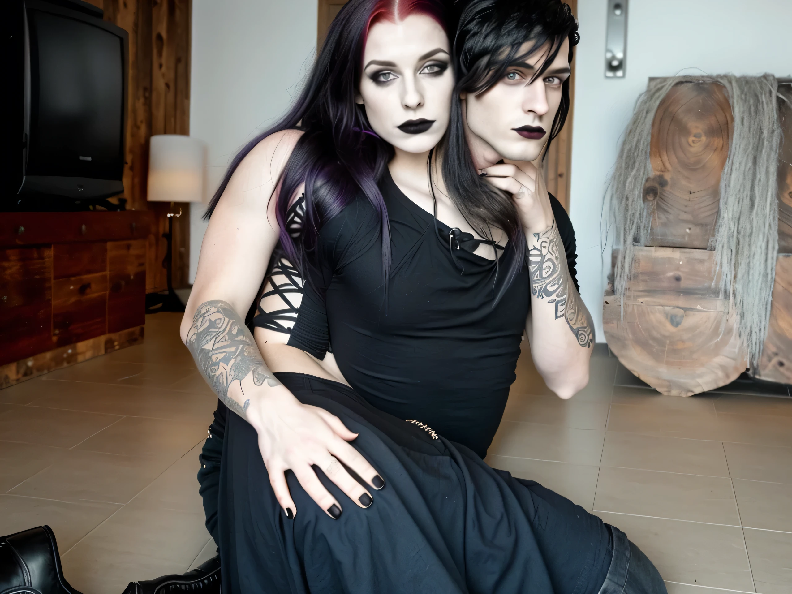 Beautiful 20 year old woman,making love with a man, large , with short messy wavy black hair, wearing a red corset with black accents and large black cloak, (( fine detailed five fingers long black gloves)) on her knees to the ground, (( having hard possessed sex from behind by a man in a foggy cemetery at night )), ((the photo is a picture of a woman and a man doing sex))(red lipstick:1.5), realistic skin texture, (cross necklace:1.2), (eyes closed:1.3), (Zentangle and Gothic Art:1.4), photo realistic, 8k