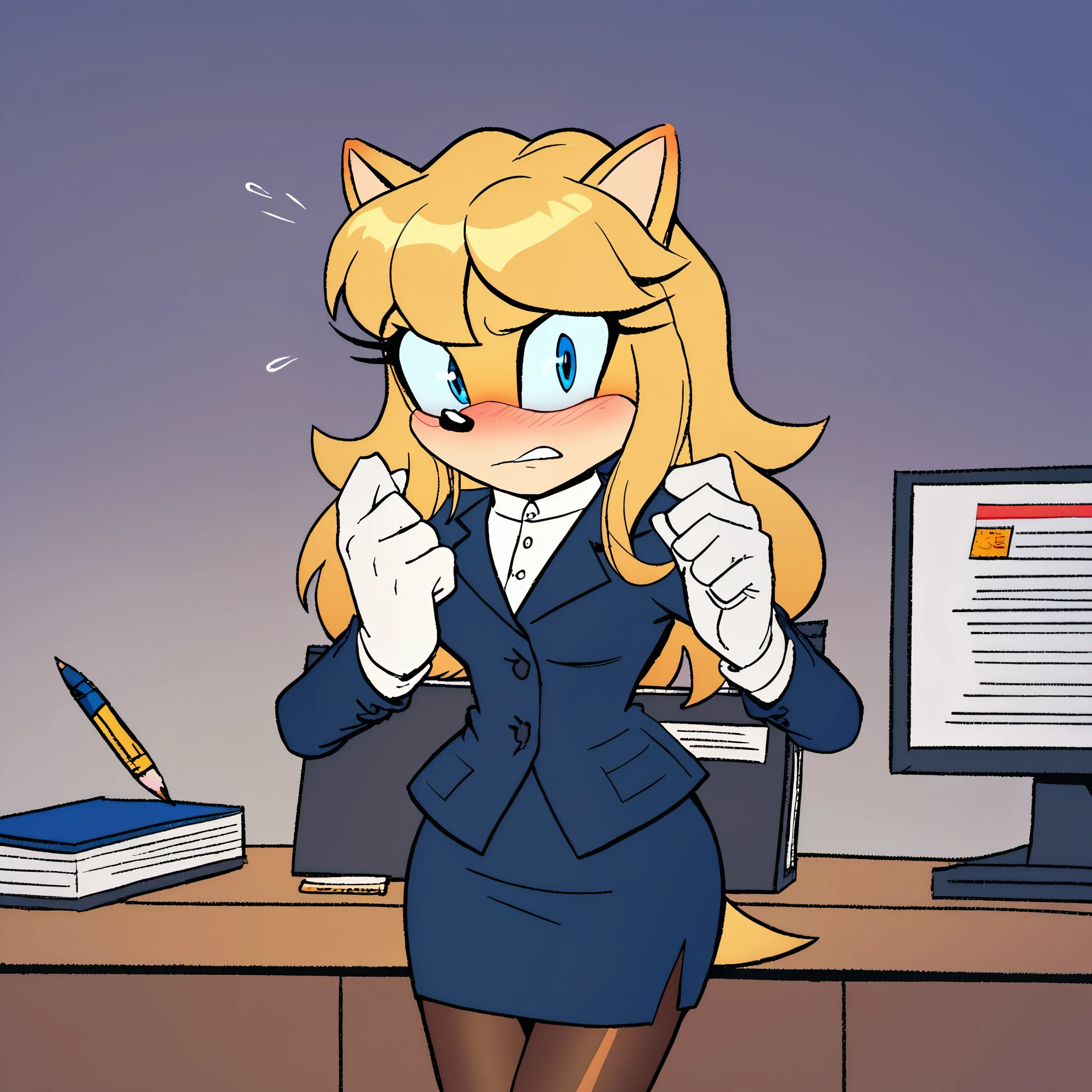 score_9, score_8_up, score_7_up, ((Masterpiece)), high quality, studio quality, 1girl, Female, mobian, hedgehog, 1girl, solo, looking at viewer, embarrassed expression, dark blue business dress suit, dark blue pencil skirt, office background, blonde fur, long hair, blue irises, pantyhose, hair bangs, looking down at herself nervously/scared