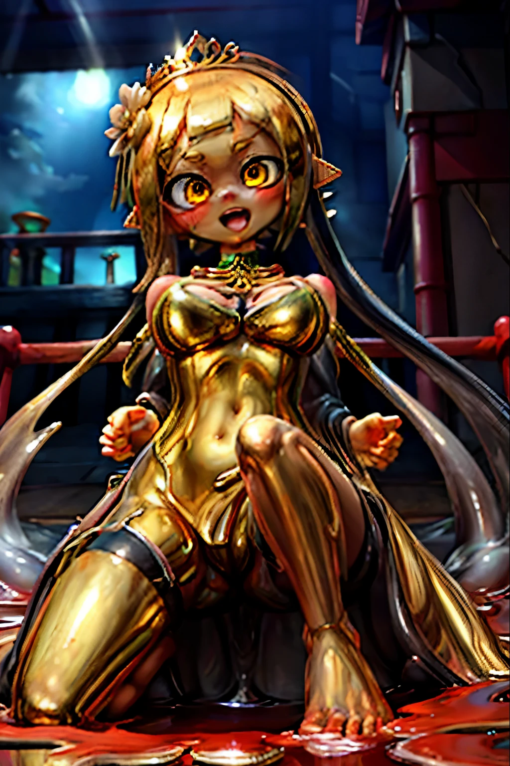 goddessになったスプラトゥーンの女の子、goddess、3D、real anime、(((whole body)))、Body of Molten Gold、Liquid Metal Girl、liquid skin、slime girl、Golden tentacle hair、Long ponytail tentacle hair、tiara、Big and pretty eyes、Golden Eyes、Shining Eyes、blush、cheek、Rouge、Open mouth and smiling sweetly、Huge , Cleavagclose-up、Poses that accentuate the chest、The Golden Temple can be seen in the background、Golden photos that bring good luck、Sitting on the throne、feetを組む、Farfa、From above、only、feet、View your viewers