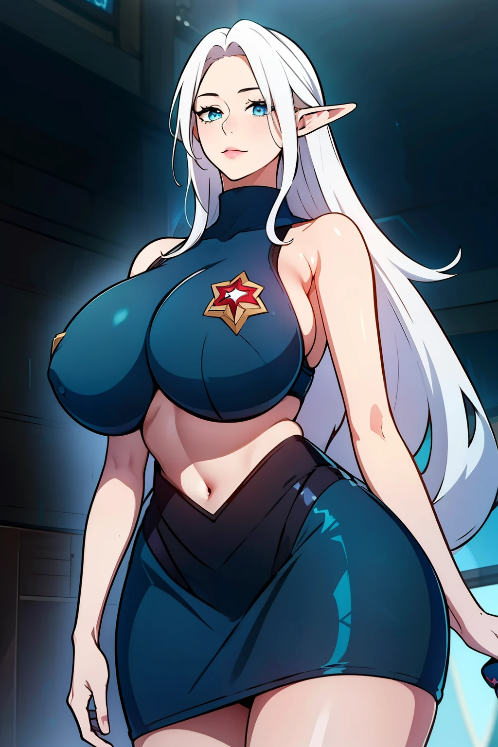 An anime-style artwork depicting ruan mei from the game Honkai star rail.

Tags: ruan mei, anime, detailed eyes, detailed lips, crop top, turtleneck, pencil skirt, smiling expression, intense gaze, glowing emblem on hand, dynamic pose, mystical background, vibrant colors, digital art, high-resolution, professional quality, gigantic breasts, (underboob : 1.4), curvy, cowboy shot, (gigantic breasts: 1.4), (blue eyes: 1.4), (white hair: 1.4), long elf ears