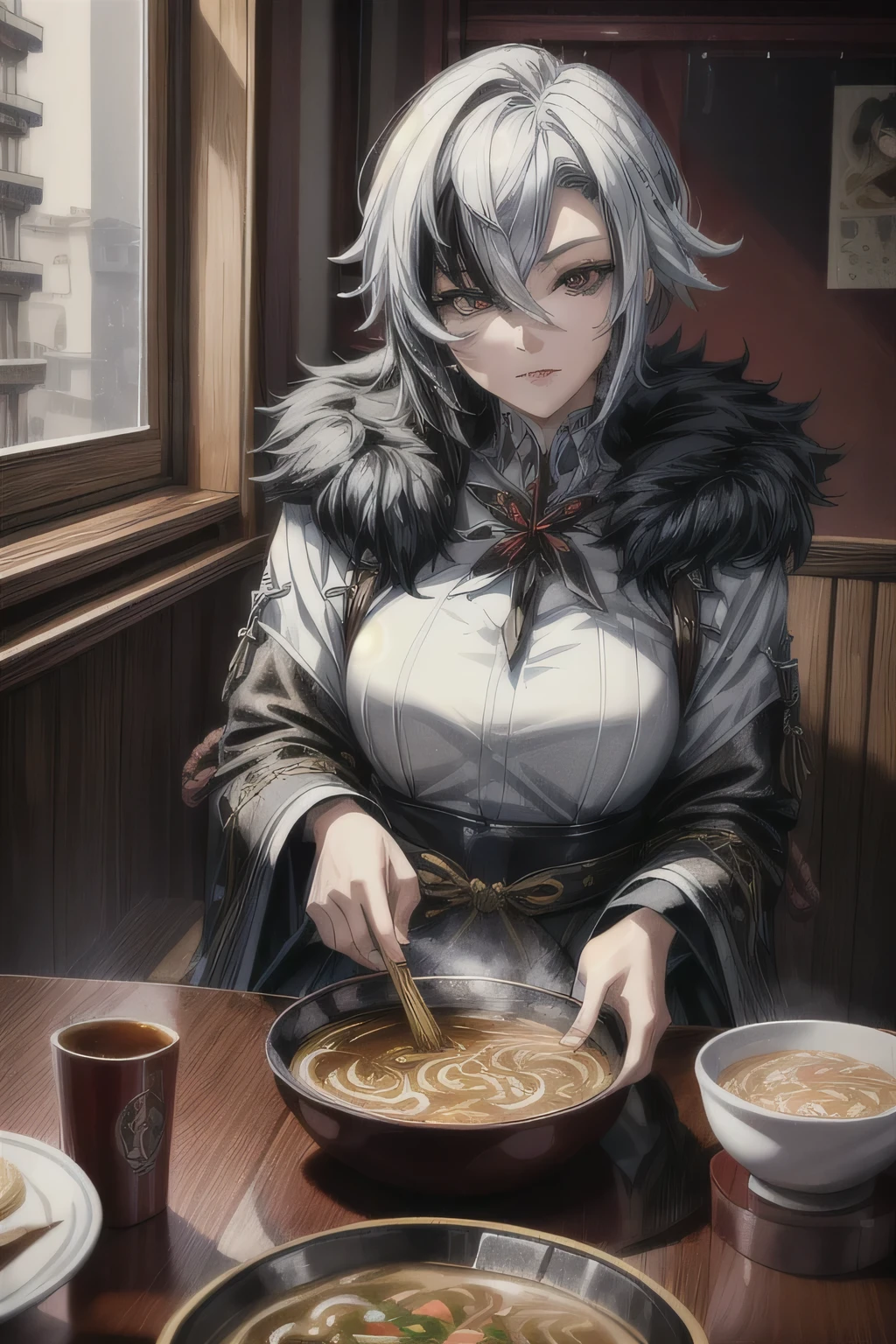 highly detailed, dynamic, cinematic, stunning, realistic lighting and shading, arlecchino, hair between eyes, black hair, white hair, short hair, coat, fur trim, fur-trimmed coat, (x-shaped eyes, symbol shaped eyes, cross eyes), ramen restaurant, sitting at table, ramen, Osaka, indoors