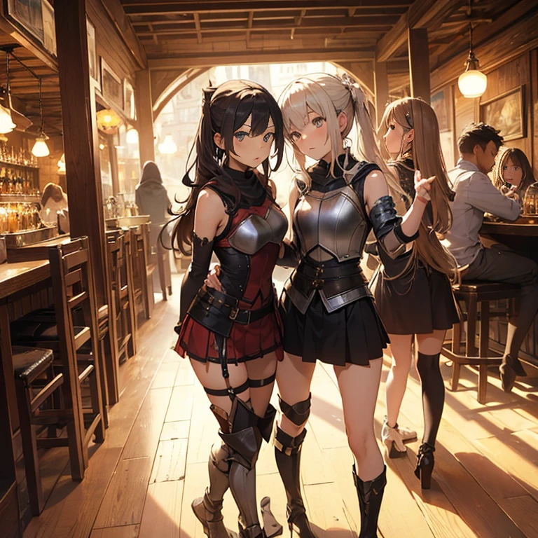 A group of female medieval fantasy adventurers, (in tavern), various hair styles, harem, night, details face, short skirt, seducing, sleeveless, armor