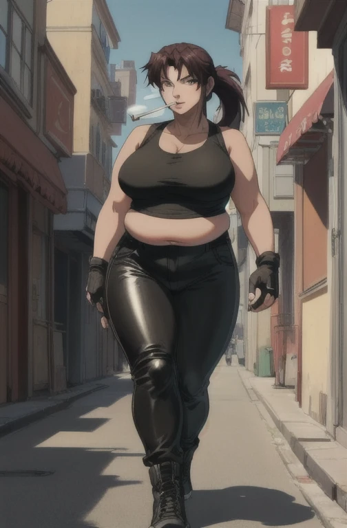 (masterpiece, highest quality:1.2), solo, 1girl, revy, 45-year-old, mature woman, milf, (Chubby figure:1.5), expressionless, looking at viewer, walking, ponytail, (Wearing: red tank top, fingerless gloves, black leather pants) cigarette, smoking, city street \(place\)
