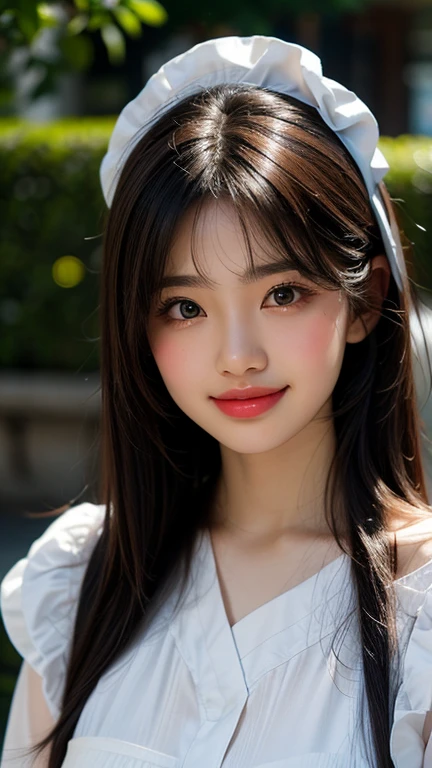 Best image quality, Focus, Soft light, Black hair, (Japanese)), (((Front, ))), (Depth of field), Ultra high resolution, (Real: 1.4), RAW photo, ((maid costume)), smiling face
