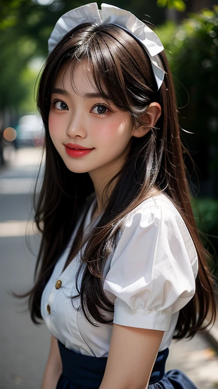 Best image quality, Focus, Soft light, Black hair, (Japanese)), (((Front, ))), (Depth of field), Ultra high resolution, (Real: 1.4), RAW photo, ((maid costume)), smiling face
