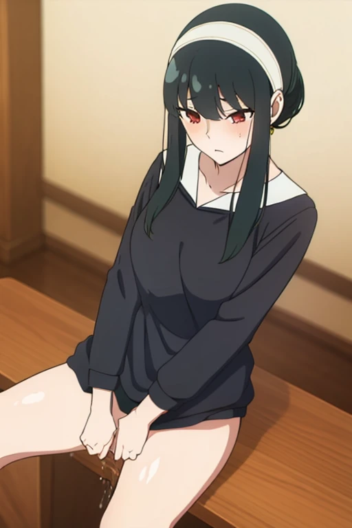 Tomoko Kuroki, 1 girl, green eyes, pouches under the eyes, naked, squatting, spread legs, open mouth, cum in mouth, hands behind back, crying, front view, white short socks 