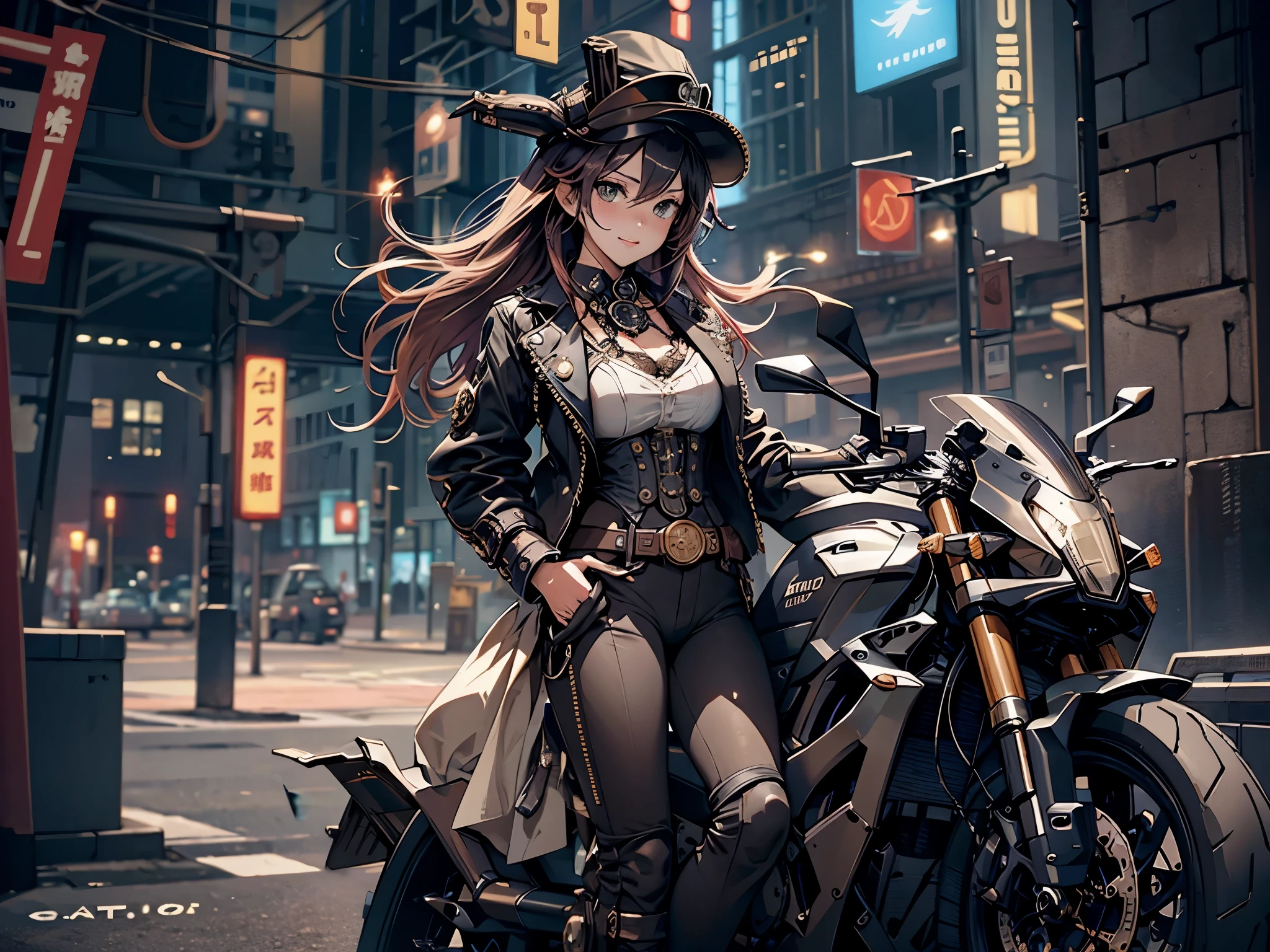 (Line art_anime),(Cowboy Shot, highest quality, ),(Photo by Laura Budd:1.2),(Laura Add details:1.0),8K, Flat Color:0.8,Dynamic Angle,1 girl,smile、(On a steampunk motorcycle:1.5)、An elaborately decorated motorcycle、(Highly decorative and complex mechanical steampunk fashion, lace flare dolphin hat、goggles 1.5、machinery background、Gear background、Intricately mechanized steampunk cityscape 1.5),