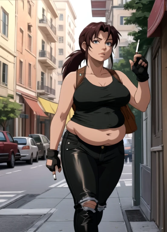 (masterpiece, highest quality:1.2), solo, 1girl, revy, 45-year-old, mature woman, milf, (Chubby figure:1.5), expressionless, looking at viewer, walking, ponytail, (Wearing: red tank top, fingerless gloves, black leather pants), holding a cigarette, city street \(place\)
