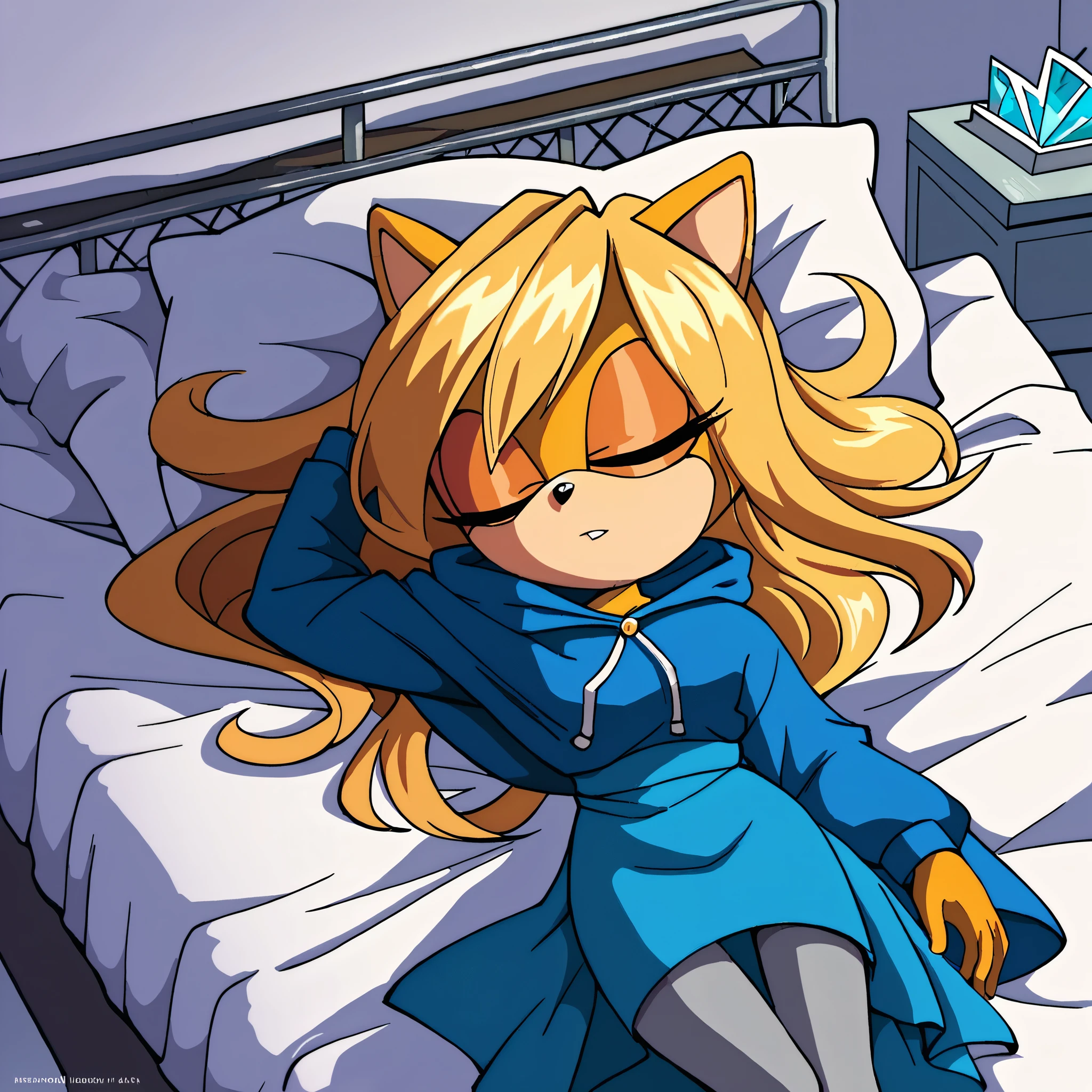 score_9, score_8_up, score_7_up, ((Masterpiece)), high quality, studio quality, 1girl, Female, mobian, hedgehog, 1girl, solo, blue sorceress dress, hooded cape, blonde fur, long hair, blue irises, grey leggings, hair bangs, lying on a hospital bed, asleep