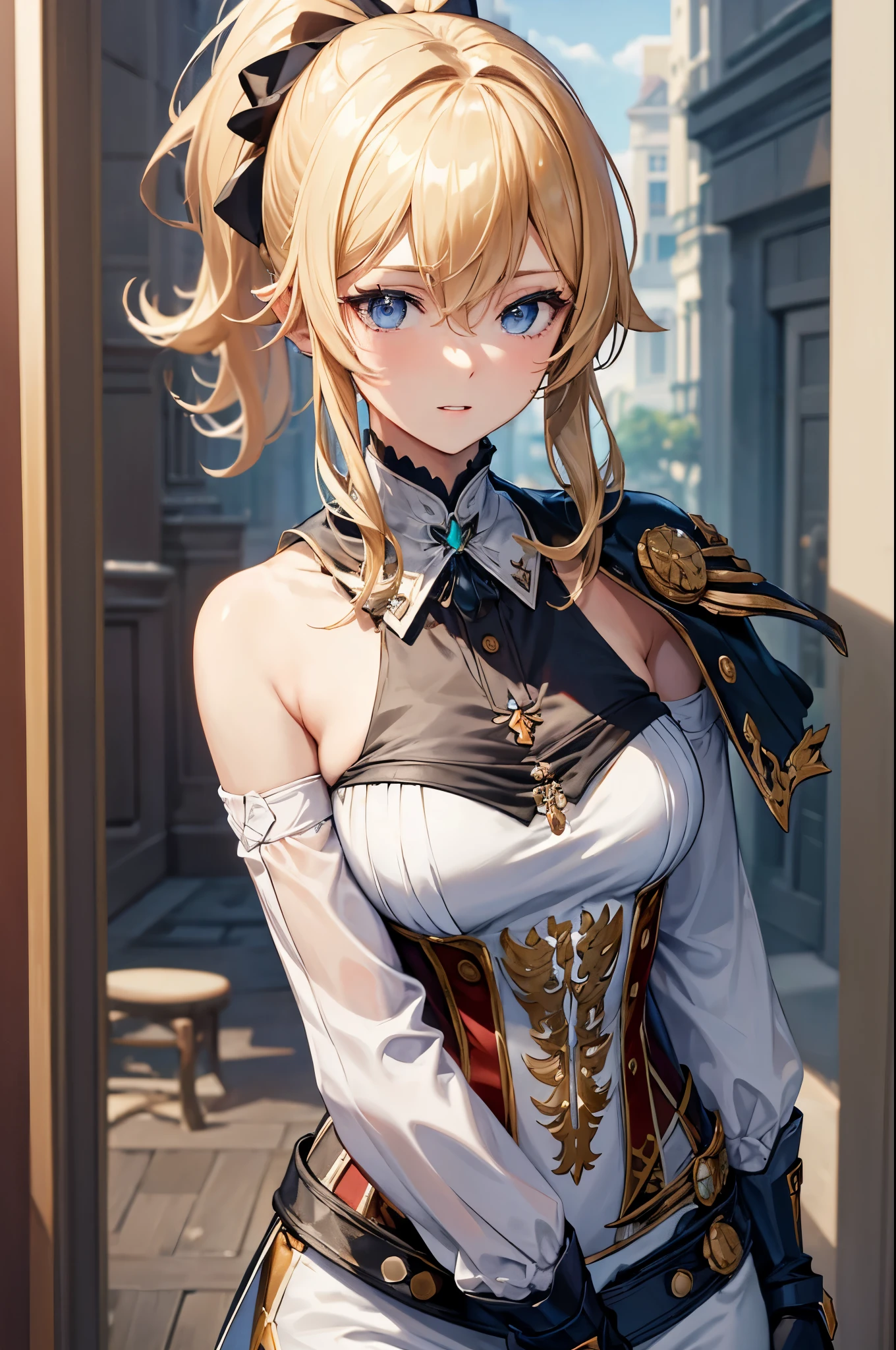 (masterpiece, best quality:1.2), expressive eyes, perfect face, highres, 1girl, solo, jeanfavonian, short hair, blonde hair, city, day, standing, happy, parted lips, hands on hip, upper body, looking at the viewer