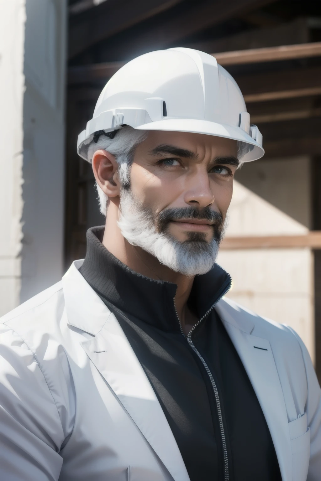 masterpiece, high quality, s1lv3rf0xd0ll, 1boy,facial hair,beard,grey hair, portrait, Wearing White Construction Helmet