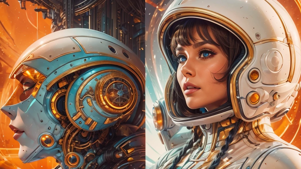 arafed image of a white woman in a futuristic suit with a spaceship in the background, movie art, in front of an orange background, inspired by Robert McGinnis, female protagonist, megastructure in the background, portrait of an ai astronaut, astronauts, an astronaut, portrait of a astronaut skeletor, perfect android girl, detailed eyes, perfectly detailed teeth, frank franzzeta and sakimichan  