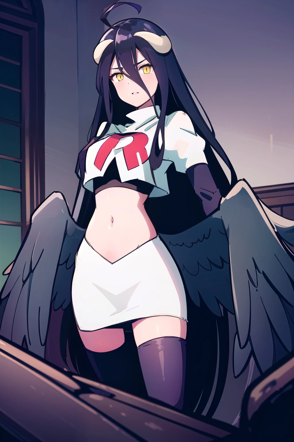 albedow, albedowings, medium breasts, long black hair, ahoge, yellow eyes, looking at viewer, parted lips, cowbot shot, team rocket,team rocket uniform,white skirt,red letter R,crop top,black thigh-highs