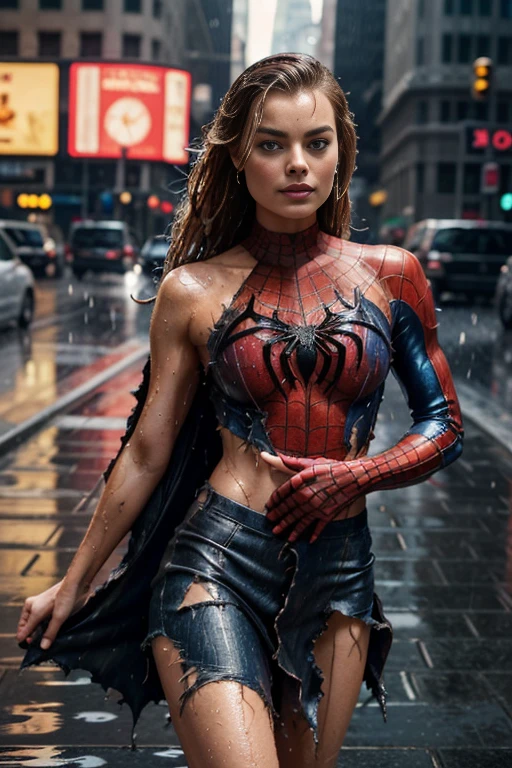 Margot Robbie、マーベル・コミック映画のPoster, Very beautiful, Movies about Spiderman, sexy, whole body, I'm wearing a skirt、Premiere date, Poster、belly buttonを突き出す、new york、She&#39;s wearing a torn Spider-Man suit,The suit is torn、Wearing a skirt、 Red and black color scheme,dynamic、masterpiece、highest quality、Ultra-detailed、Very detailed、A delicate and beautiful shine、超A high resolution、Cinematic,Break,Breakdrop,(Torn clothes:1.5), (Wet clothes:1.4), Bare shoulders,Real Rain,Wet Hair,belly button、Exposing Skin、sexyな肩を見せてる