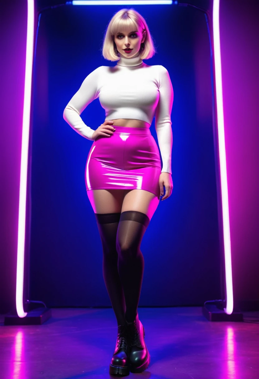 (full body photo:1.3), solo, (from below)1.2, (stylish bob haircut) ((huge) natural breasts)1.3, (futuristic, nightclub, neon light), (standing pose), ((black tights) and white wool socks)1.3, (cleavage pink tube-top) (purple tight mini skirt)1.2, (black tights and white wool socks)1.3 (Dr Martens boots)1.2, (wide hips, curvy, thick thighs (muscular legs))1.2, intricate detail, ((random ethnicity from Europe and America) mature female)1.2 posh, (environmental portrait), perfect eyes, looking at viewer, showing ass