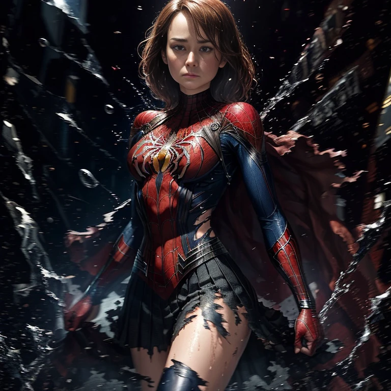 Brie Larson、マーベル・コミック映画のPoster, Very beautiful, Movies about Spiderman, sexy, whole body, I'm wearing a skirt、Premiere date, Poster、belly buttonを突き出す、new york、She&#39;s wearing a torn Spider-Man suit,The suit is torn、Wearing a skirt、 Red and black color scheme,dynamic、masterpiece、highest quality、Ultra-detailed、Very detailed、A delicate and beautiful shine、超A high resolution、Cinematic,Break,Breakdrop,(Torn clothes:1.5), (Wet clothes:1.4), Bare shoulders,Real Rain,Wet Hair,belly button、Exposing Skin、sexyな肩を見せてる