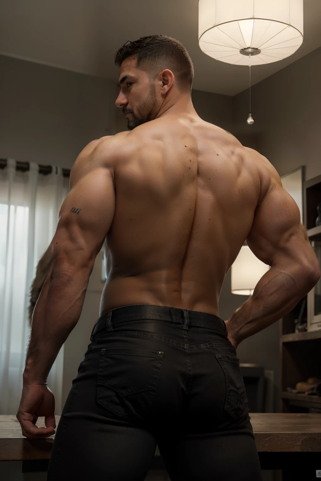 hombre musculoso salvaje, (40 year old daddy:1.1), 1 chico, Solo, (vistiendo una camisa a cuadros roja afuera), (camiseta gris por dentro), (hombros grandes), musculatura, rastrojos, barba corta, ojos bonitos:1.3, ), (cara detallada:1.3), smiles, dynamic angle, volumetric lighting, (mejor calidad, A high resolution, fotorrealista), cinematic lighting, Obra maestra, foto cruda, detalles intrincados, hdr, cuerpo completo, Big muscular body, Big Bubble butt, shirtless, black jeans backside backside crouched man
